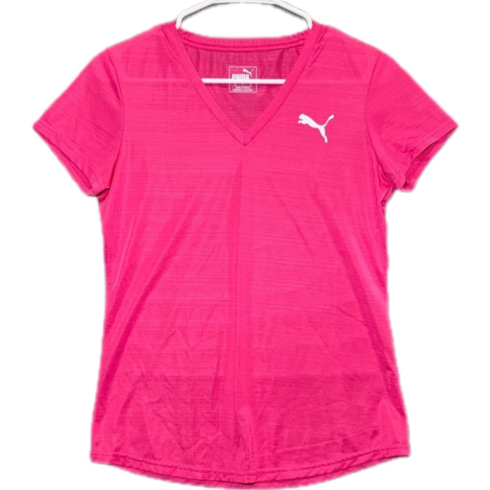 Puma Women's Pink V-Neck Athletic T-Shirt Short Sleeve Size M Sportswear Tee
